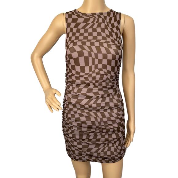 2/$30 Urban Outfitters Austin Mesh Mini Dress Taupe Checkered Ruched Size XS - Picture 5 of 14
